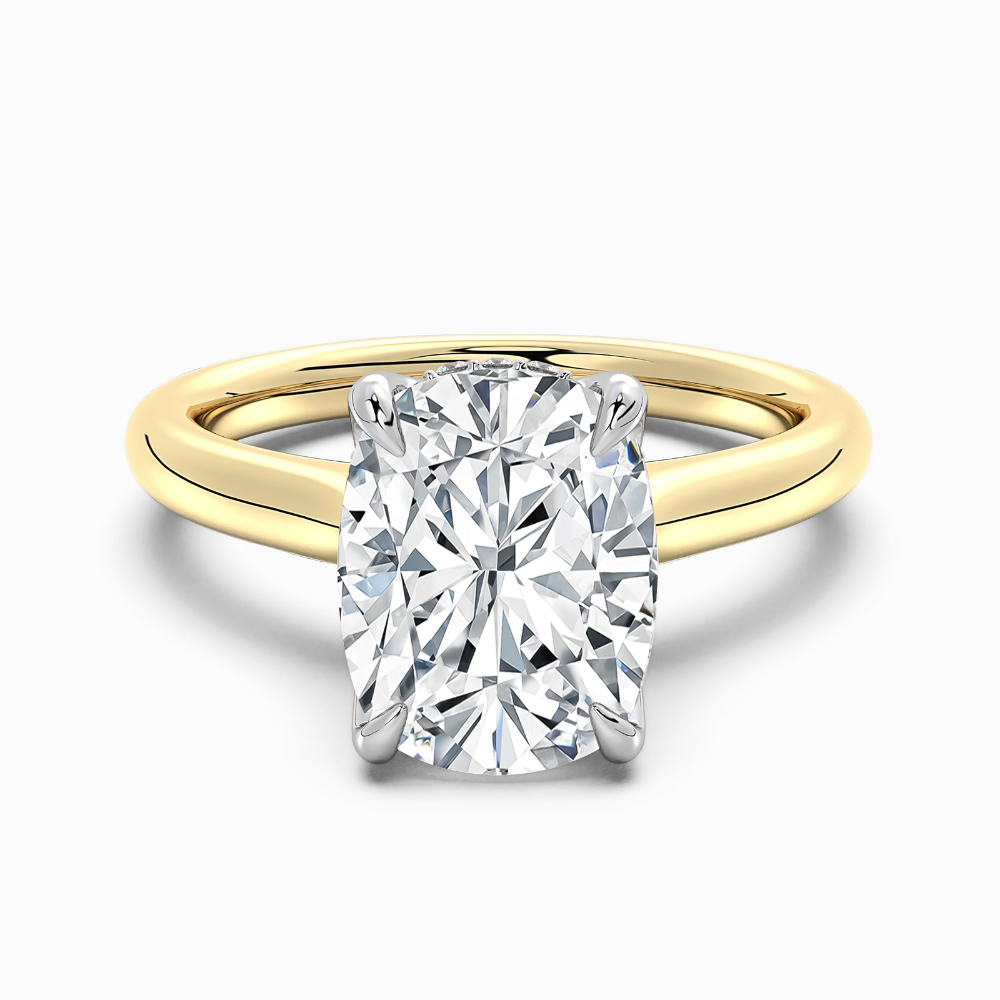 Solitaire Two Tone Tulip Petals Hidden Halo Cathedral Bridge Lab Grown Diamond Engagement Ring in 18K Gold – Cushion