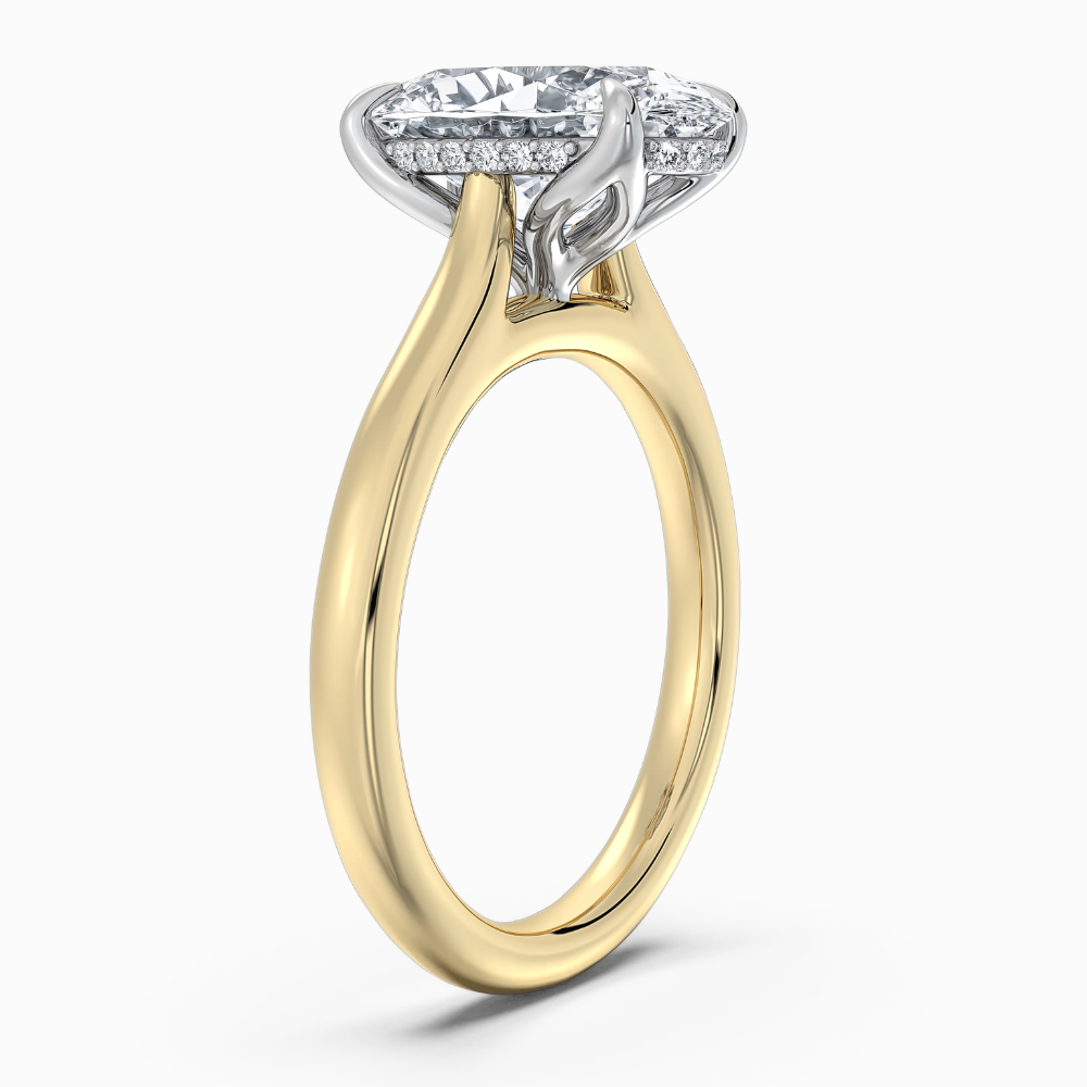 Solitaire Two Tone Tulip Petals Hidden Halo Cathedral Bridge Lab Grown Diamond Engagement Ring in 18K Gold – Oval