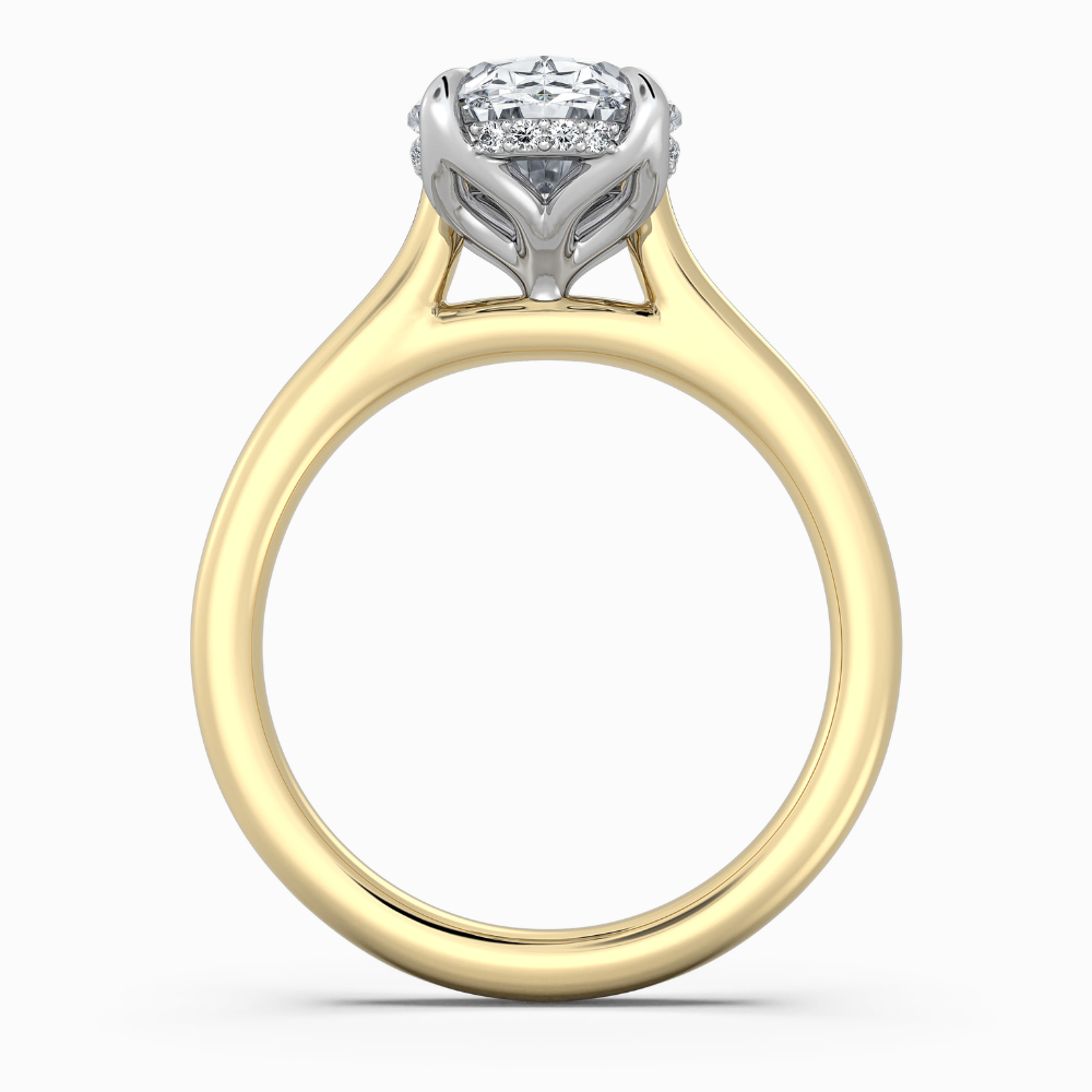 Solitaire Two Tone Tulip Petals Hidden Halo Cathedral Bridge Lab Grown Diamond Engagement Ring in 18K Gold – Oval