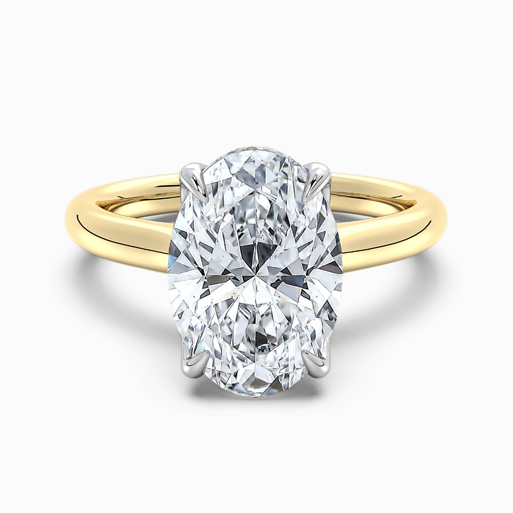 Solitaire Two Tone Tulip Petals Hidden Halo Cathedral Bridge Lab Grown Diamond Engagement Ring in 18K Gold – Oval