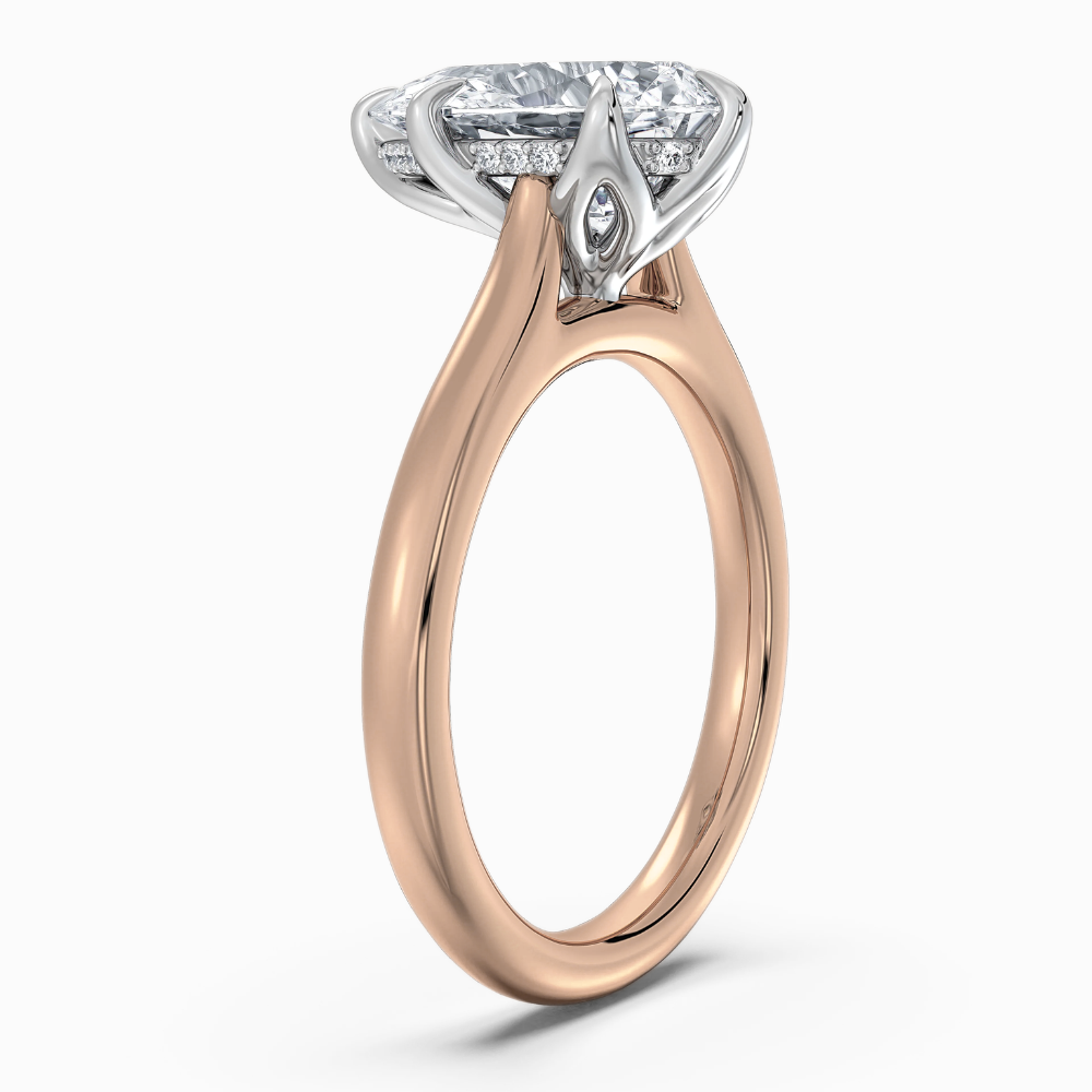 Solitaire Two Tone Tulip Petals Hidden Halo Cathedral Bridge Lab Grown Diamond Engagement Ring in 18K Gold – Pear