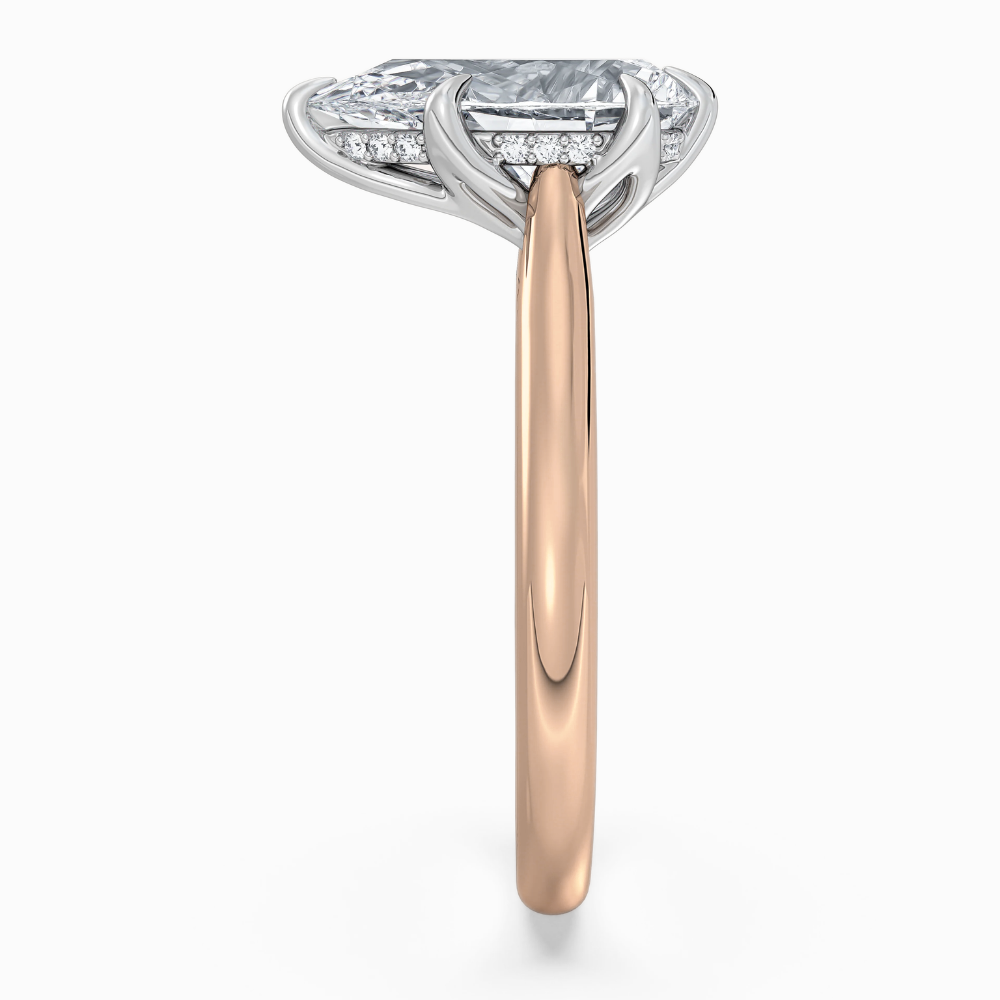 Solitaire Two Tone Tulip Petals Hidden Halo Cathedral Bridge Lab Grown Diamond Engagement Ring in 18K Gold – Pear