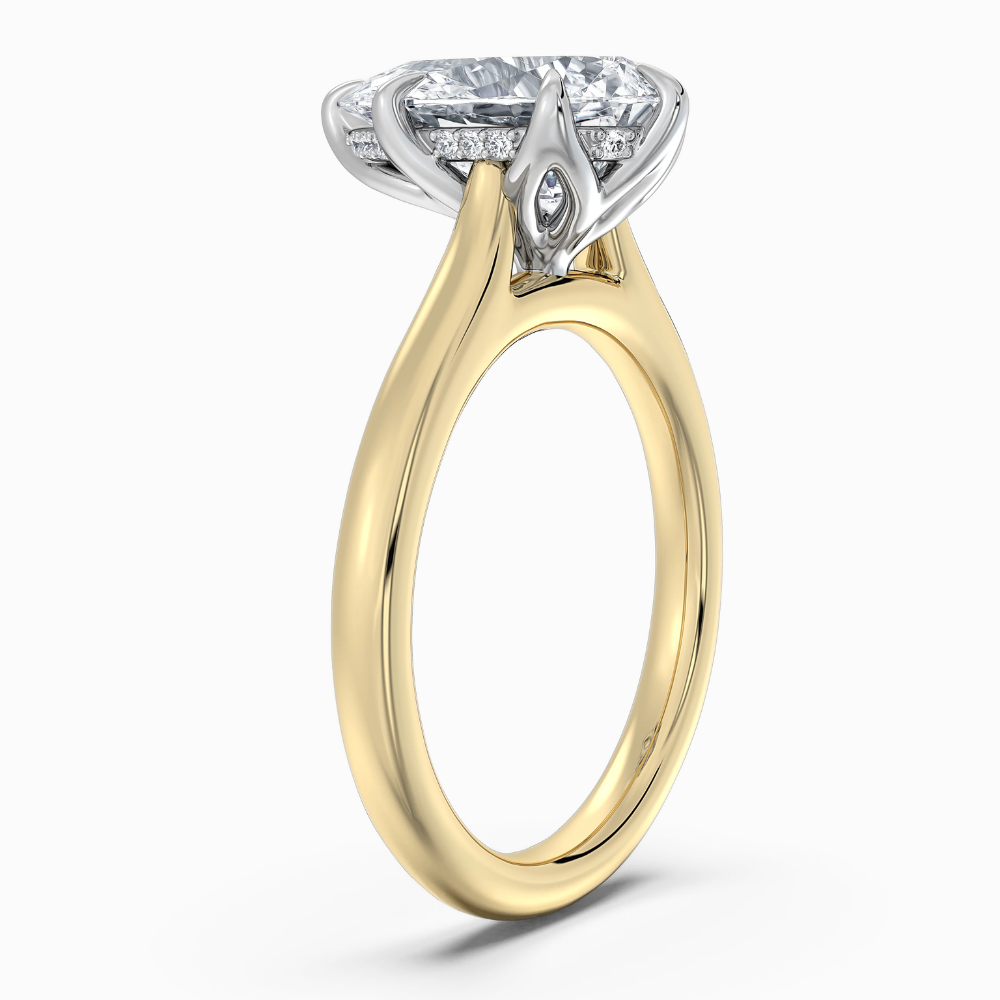 Solitaire Two Tone Tulip Petals Hidden Halo Cathedral Bridge Lab Grown Diamond Engagement Ring in 18K Gold – Pear
