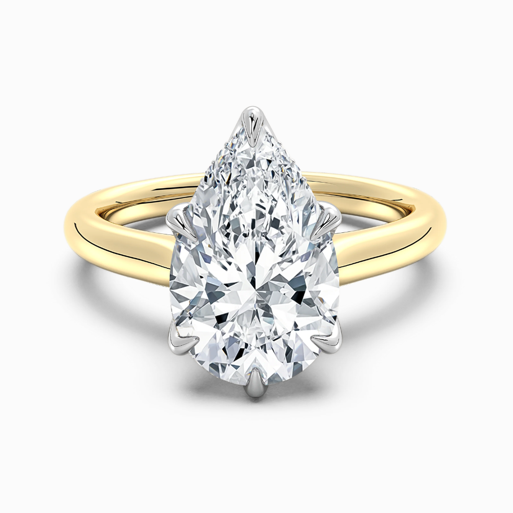 Solitaire Two Tone Tulip Petals Hidden Halo Cathedral Bridge Lab Grown Diamond Engagement Ring in 18K Gold – Pear