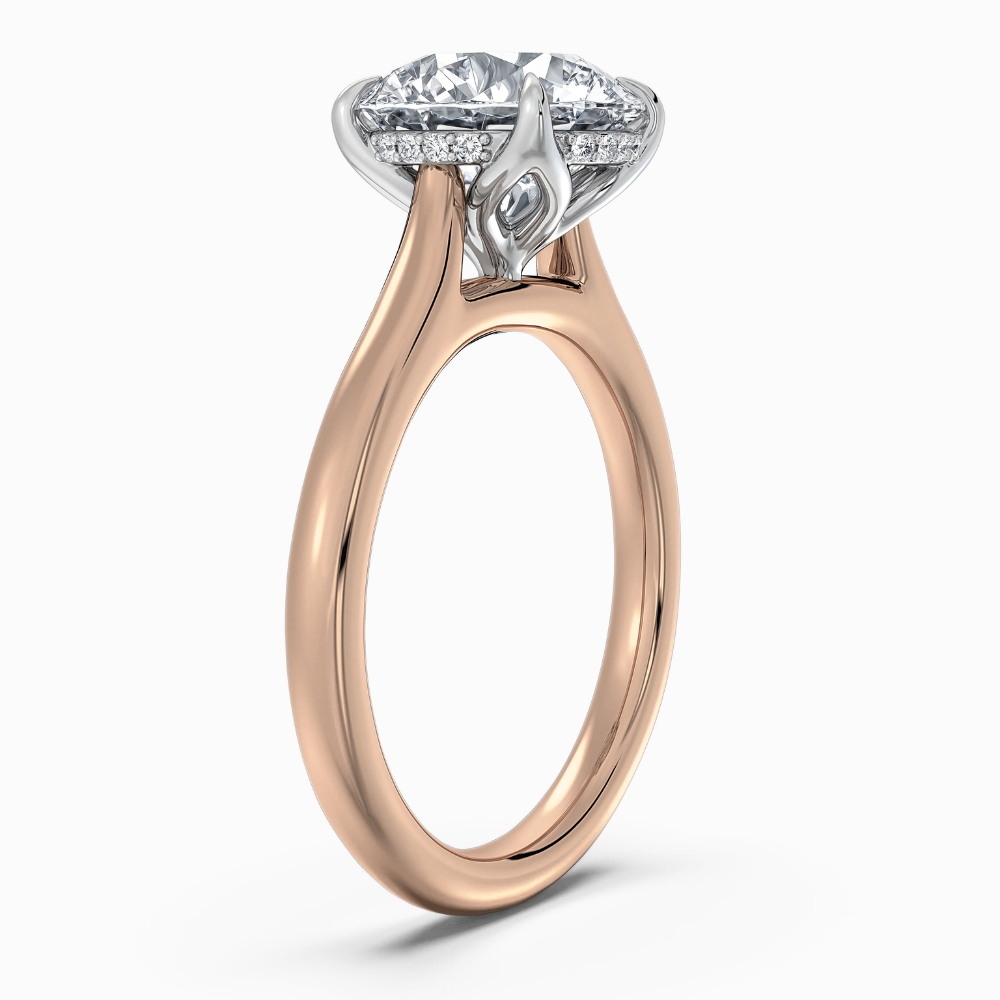 Solitaire Two Tone Tulip Petals Hidden Halo Cathedral Bridge Lab Grown Diamond Engagement Ring in 18K Gold – Round