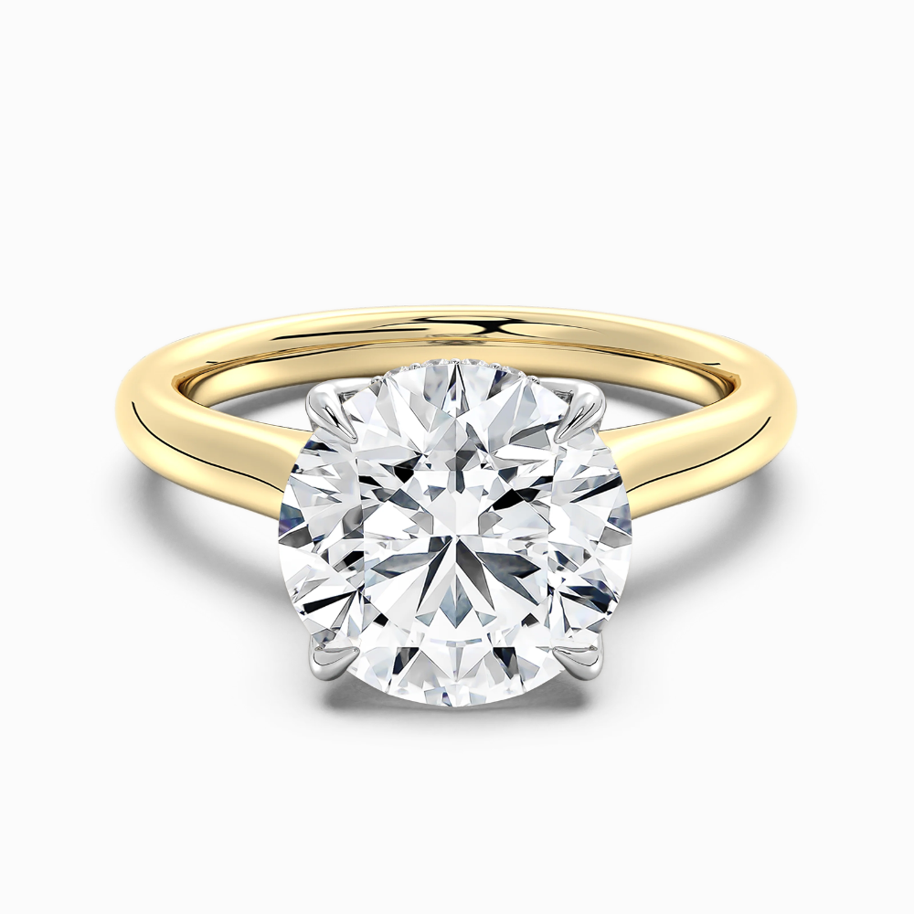 Solitaire Two Tone Tulip Petals Hidden Halo Cathedral Bridge Lab Grown Diamond Engagement Ring in 18K Gold – Round