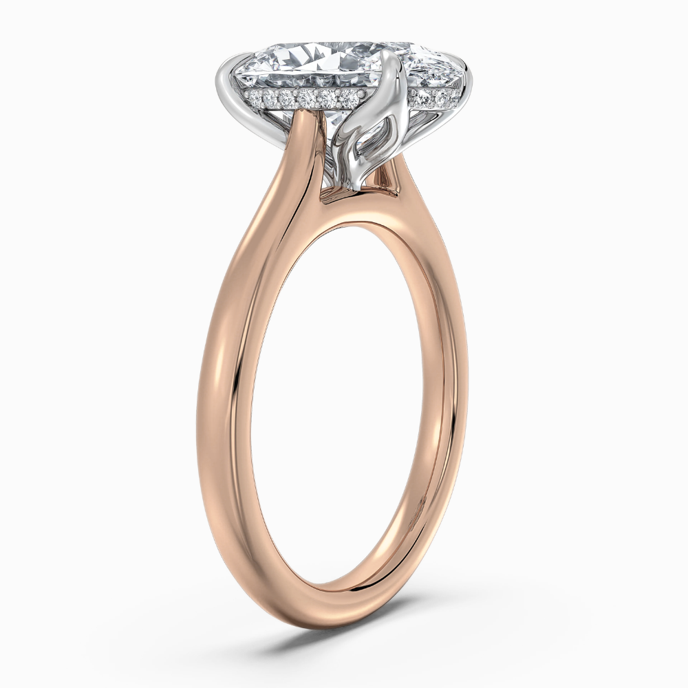Solitaire Two Tone Tulip Petals Hidden Halo Cathedral Bridge Lab Grown Diamond Engagement Ring in 18K Gold – Oval