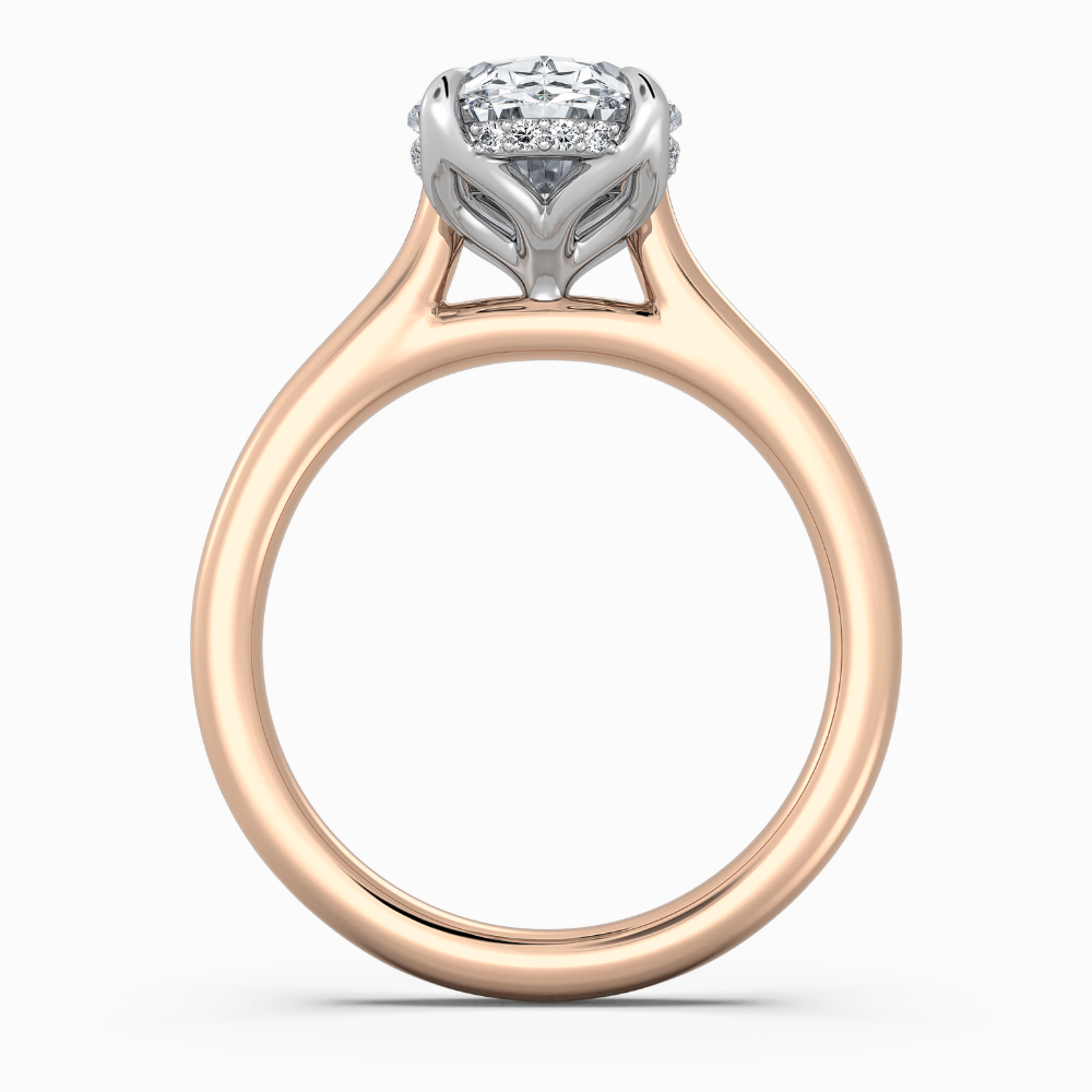 Solitaire Two Tone Tulip Petals Hidden Halo Cathedral Bridge Lab Grown Diamond Engagement Ring in 18K Gold – Oval