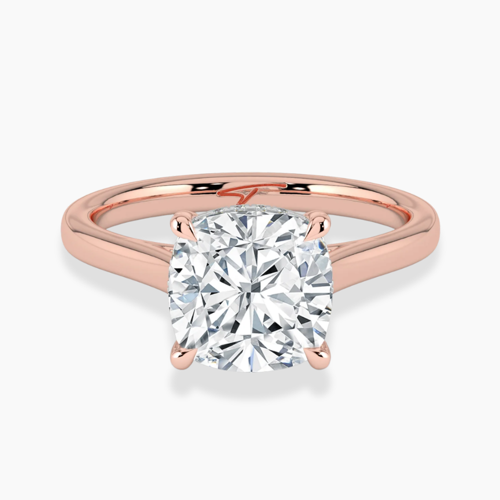 Solitaire Hidden Halo Cathedral Bridge Lab Diamond Engagement Ring in 18K Gold - Cushion