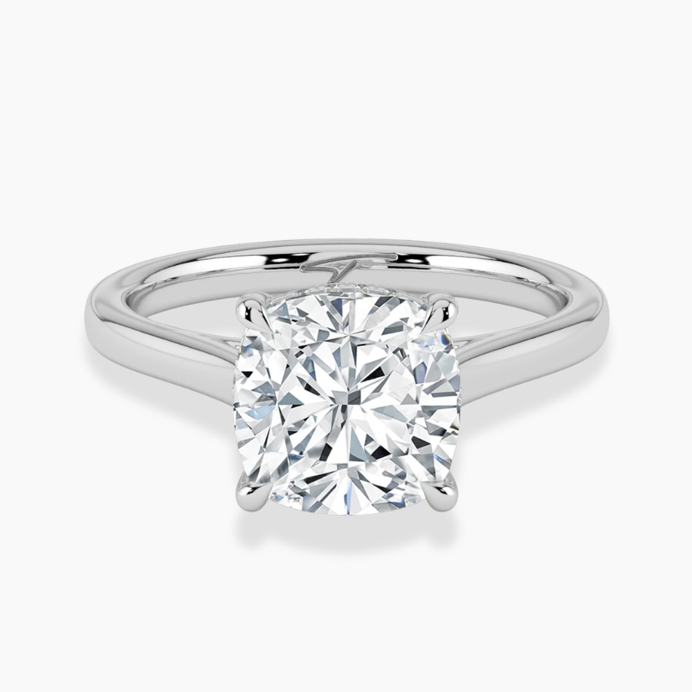 Solitaire Hidden Halo Cathedral Bridge Lab Diamond Engagement Ring in 18K Gold - Cushion