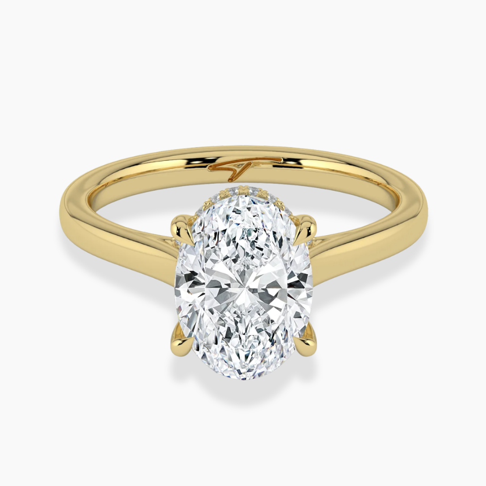Solitaire Hidden Halo Cathedral Bridge Lab Diamond Engagement Ring in 18K Gold - Oval