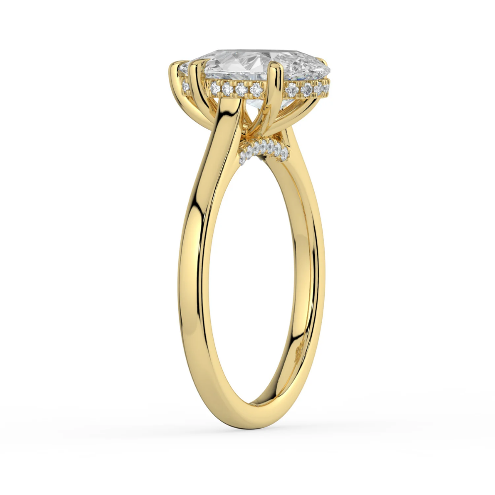 Solitaire Hidden Halo Cathedral Bridge Lab Diamond Engagement Ring in 18K Gold - Pear