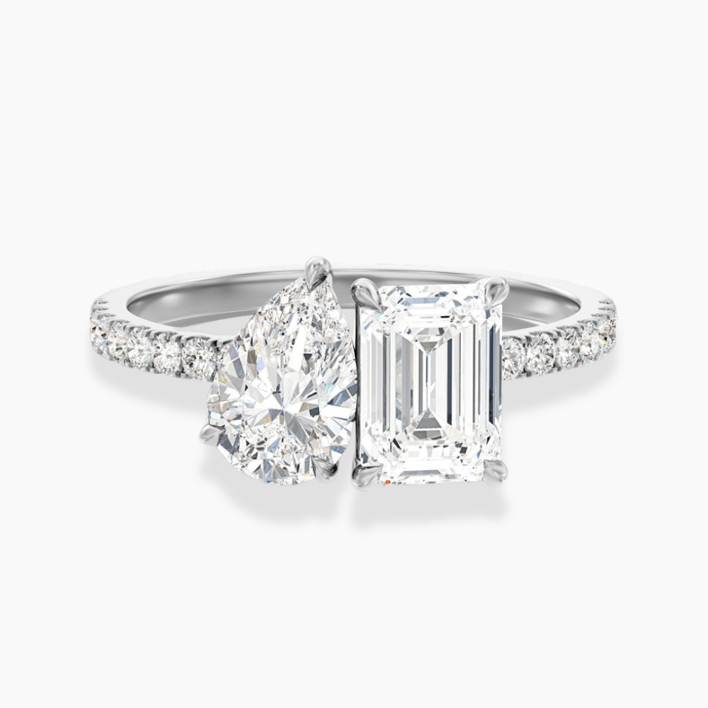 Toi et Moi Pave Lab Diamond Engagement Ring in 18K Gold - Pear and Emerald