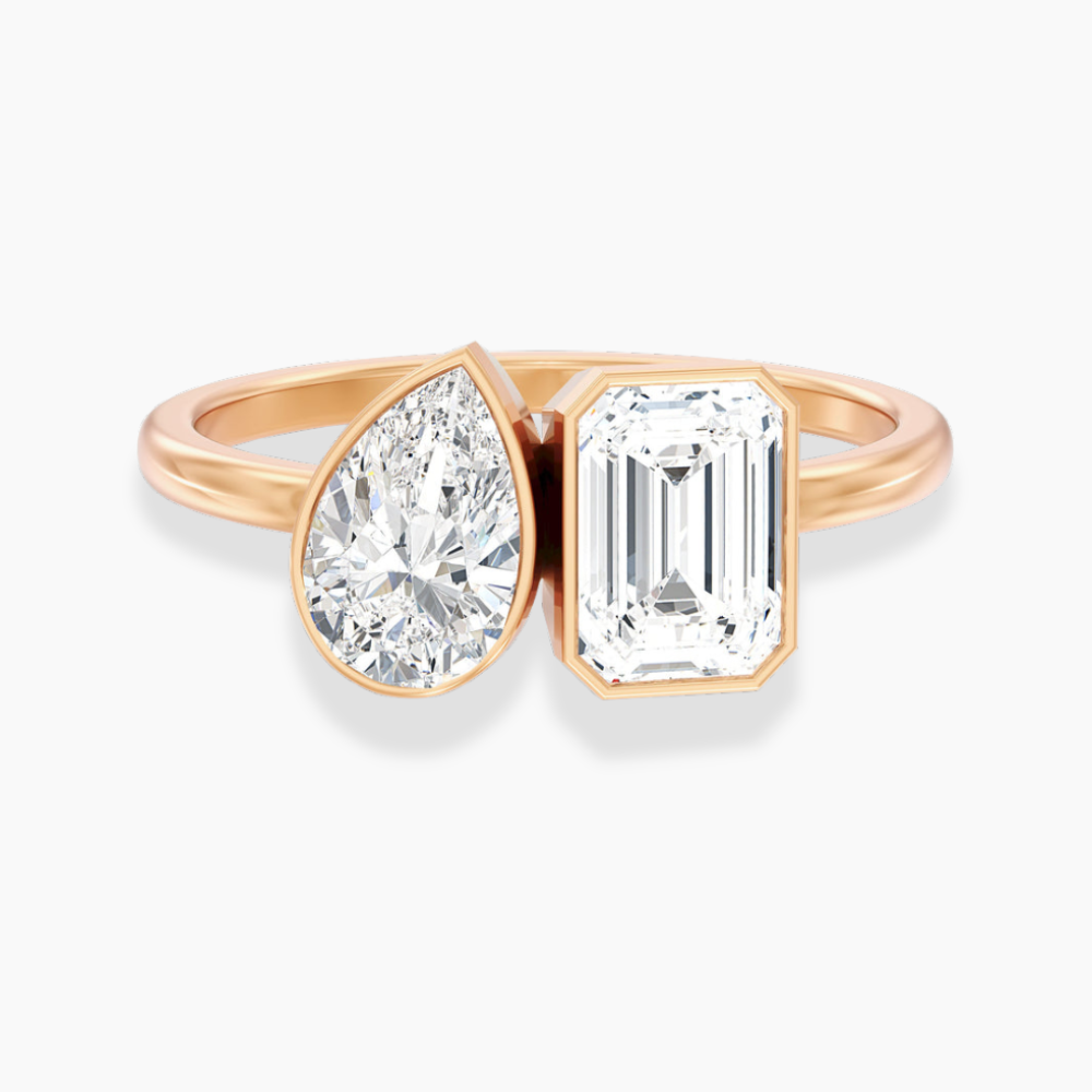 Toi et Moi Bezel Lab Diamond Engagement Ring in 18K Gold - Pear and Emerald