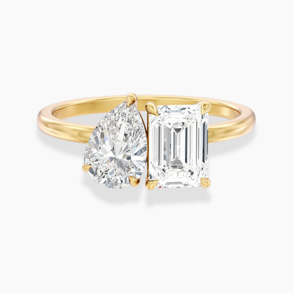 Toi et Moi Lab Diamond Engagement Ring in 18K Gold - Pear and Emerald
