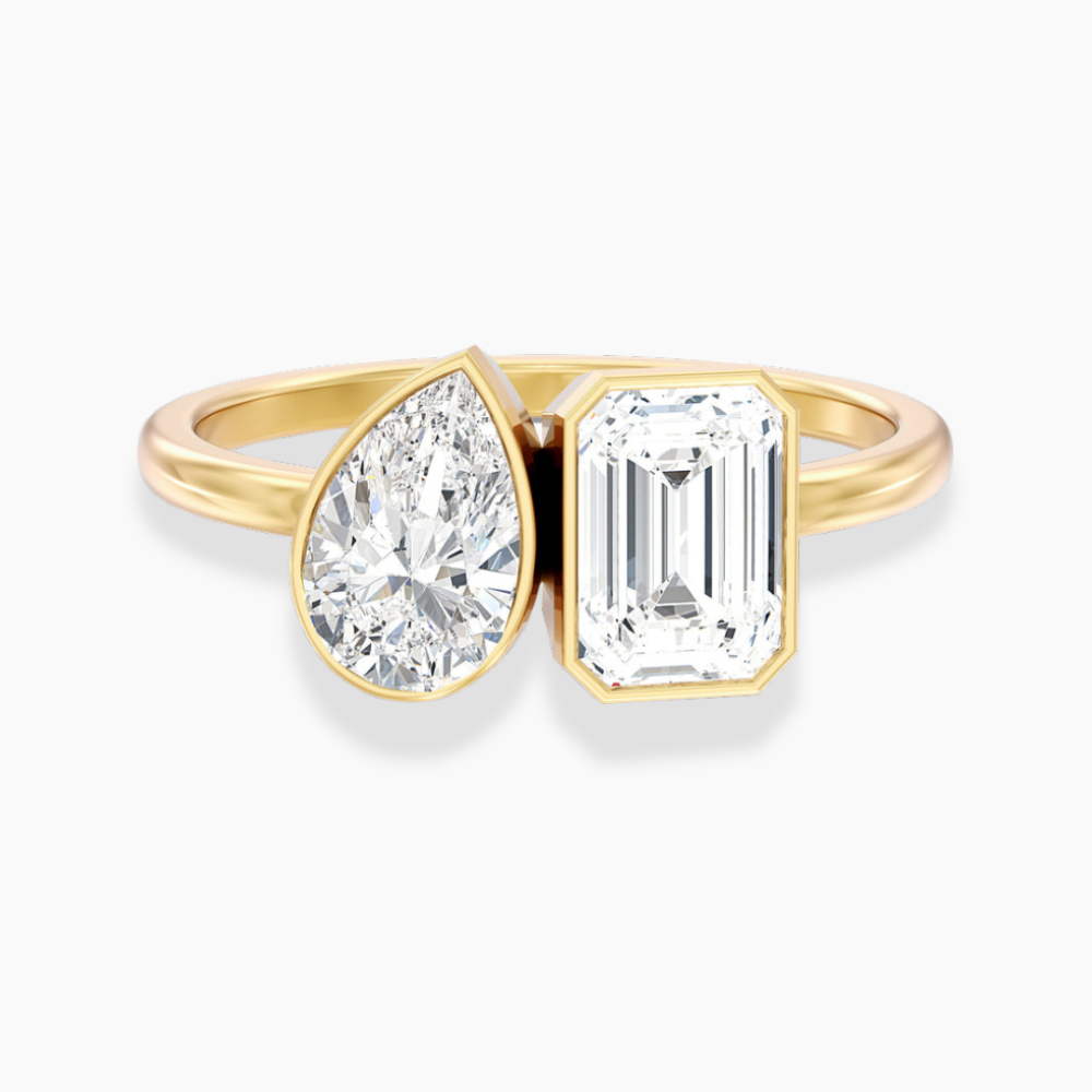 Toi et Moi Bezel Lab Diamond Engagement Ring in 18K Gold - Pear and Emerald