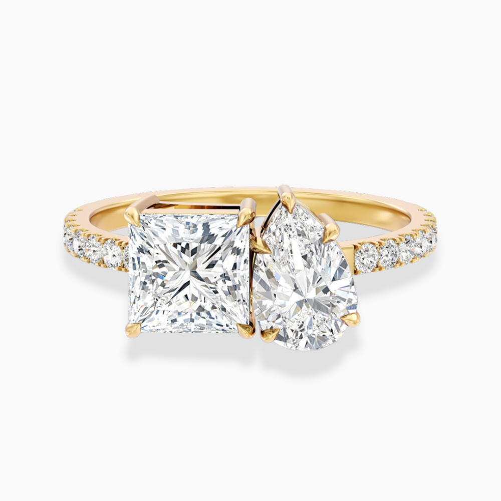 Toi et Moi Pave Lab Diamond Engagement Ring in 18K Gold - Pear and Princess
