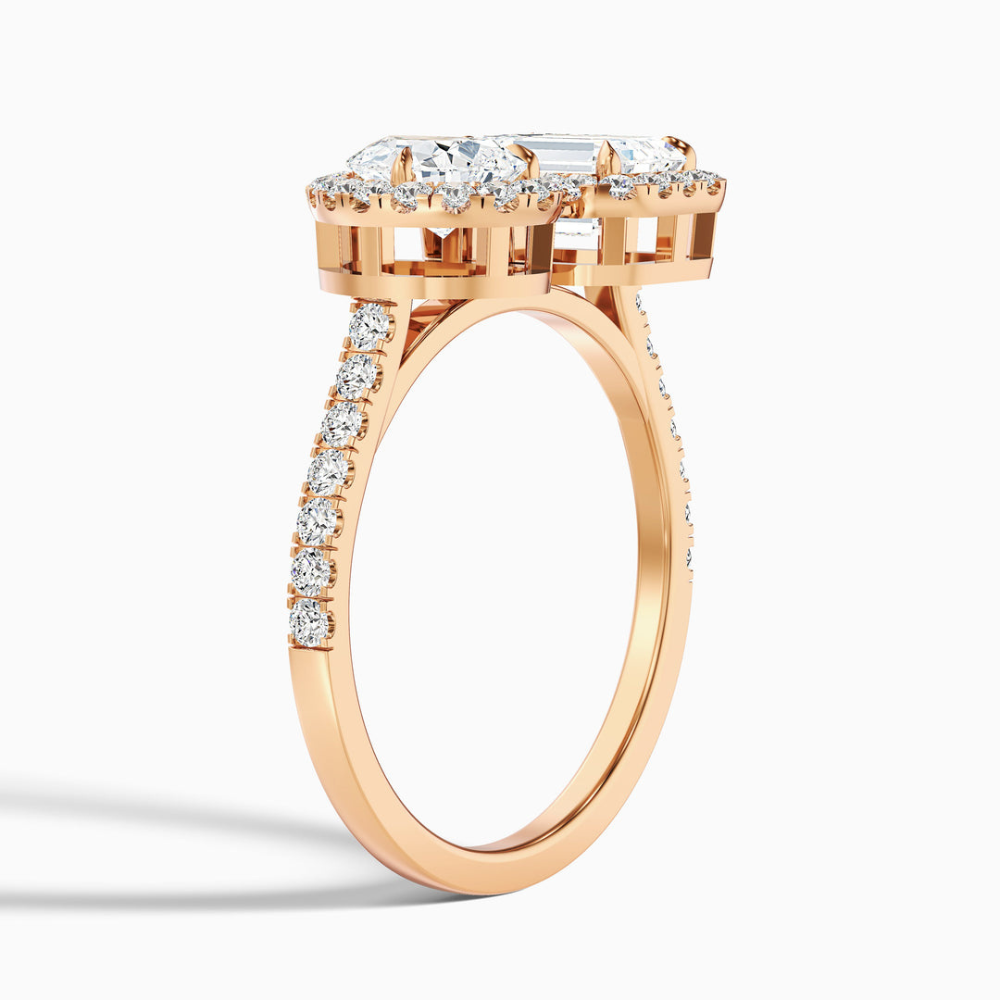 Toi et Moi Halo Pave Lab Diamond Engagement Ring in 18K Gold - Pear and Emerald