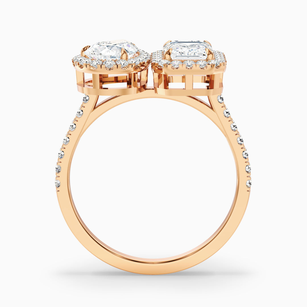 Toi et Moi Halo Pave Lab Diamond Engagement Ring in 18K Gold - Pear and Emerald