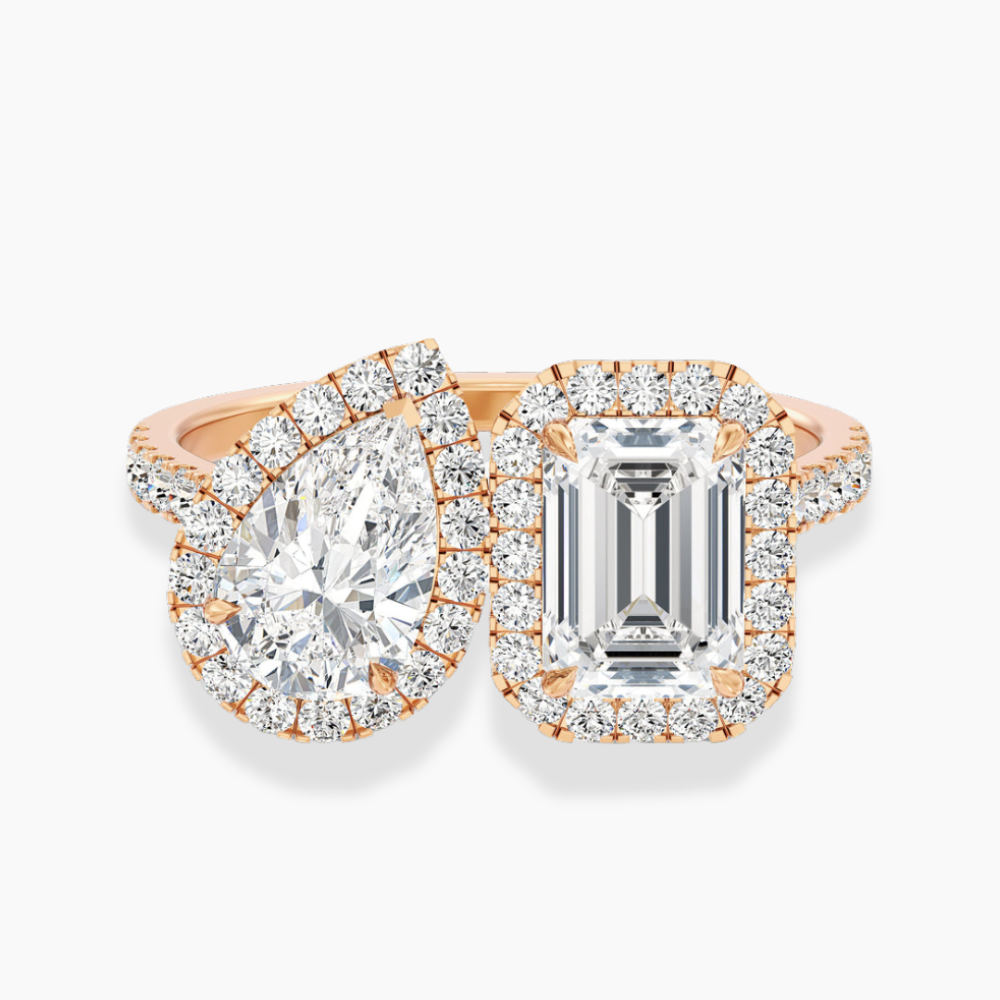 Toi et Moi Halo Pave Lab Diamond Engagement Ring in 18K Gold - Pear and Emerald