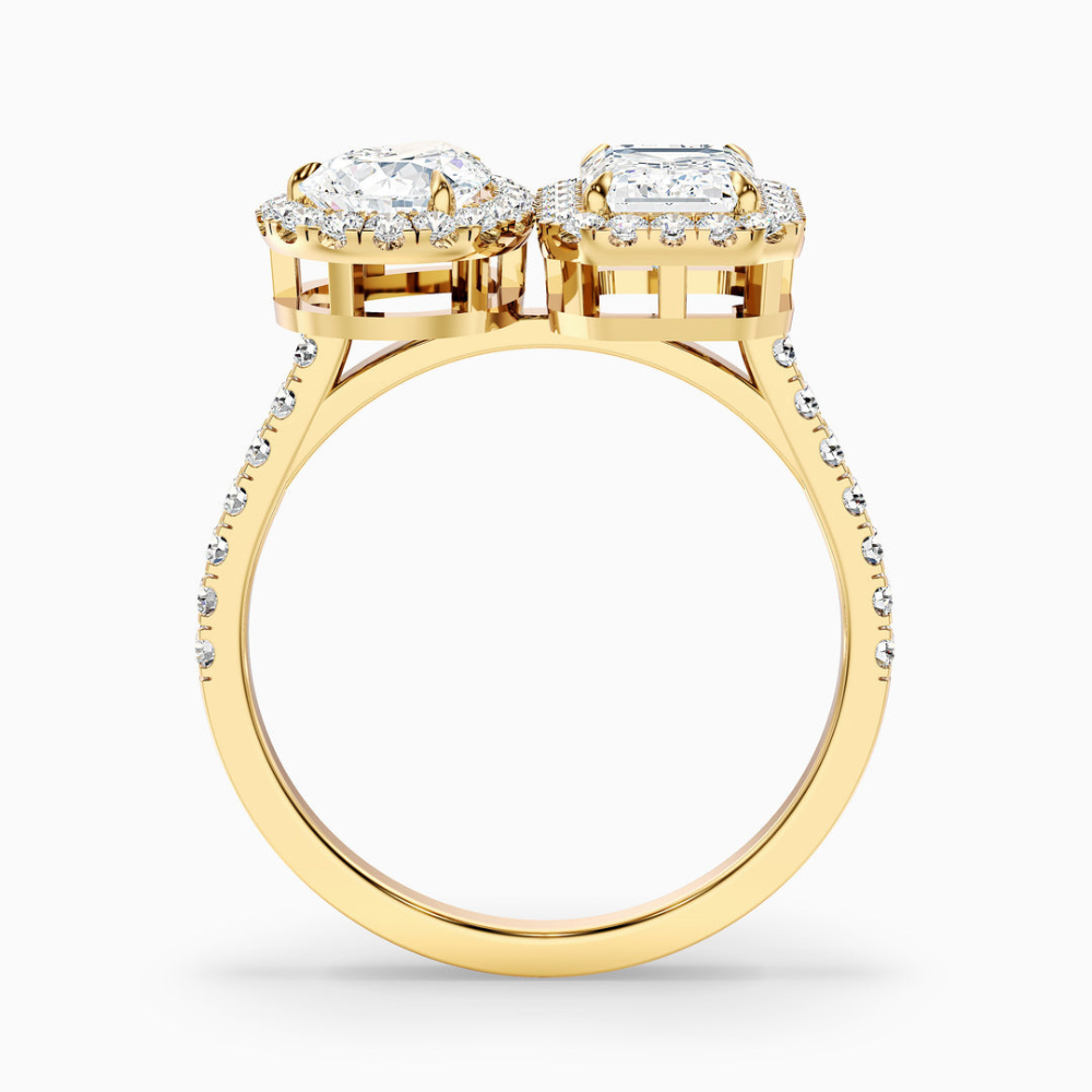 Toi et Moi Halo Pave Lab Diamond Engagement Ring in 18K Gold - Pear and Emerald