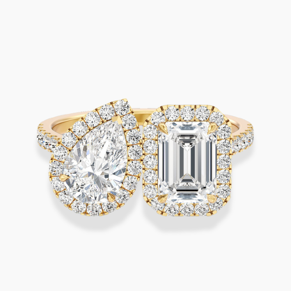 Toi et Moi Halo Pave Lab Diamond Engagement Ring in 18K Gold - Pear and Emerald