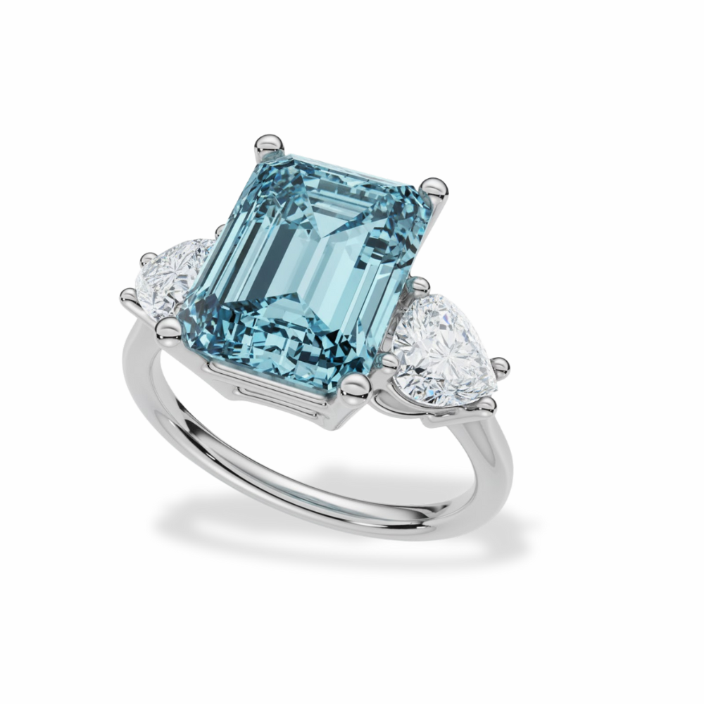 Trilogy Fancy Colored Lab Diamond Ring (Heart Side Diamonds) in White Gold 18K
