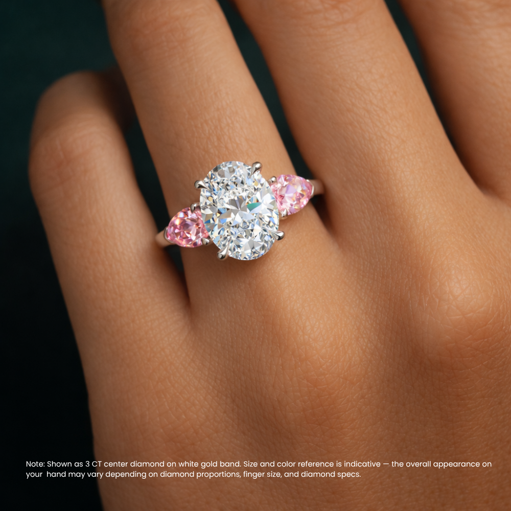 Trilogy (Fancy Pink Pear Side-Stones) Oval Lab Diamond Ring in White Gold 18K