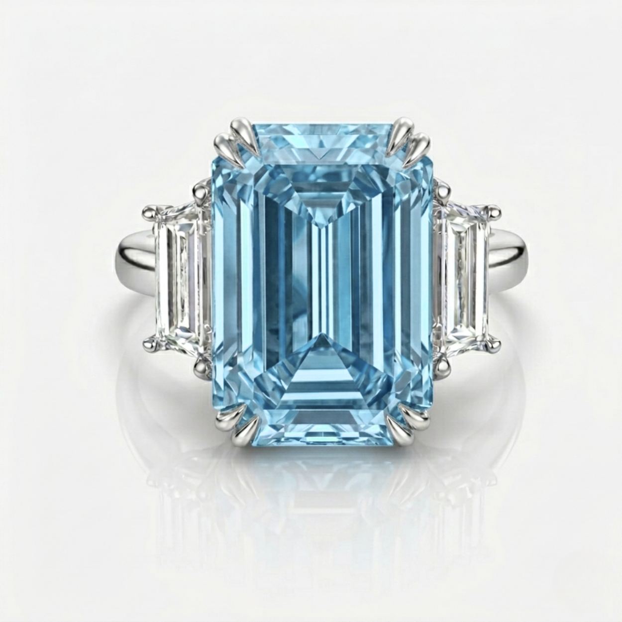 Trilogy Fancy Blue Emerald (Trapezoid Side Diamonds) Lab Diamond Ring in White Gold 18K
