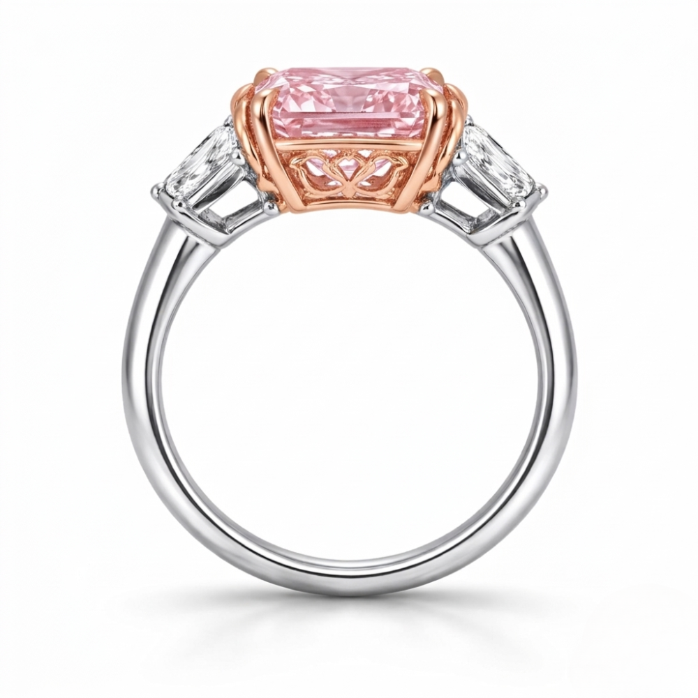 Trilogy Fancy Pink Asscher (Trapezoid Side Diamonds) Lab Diamond Ring in White Gold 18K