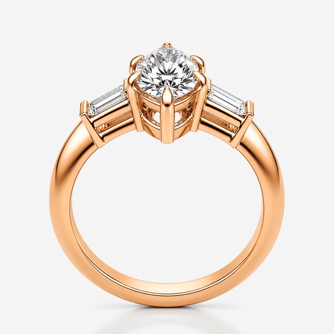 Trilogy (Baguette Side Diamonds) Lab Grown Diamond Engagement Ring in 18K Gold - Marquise