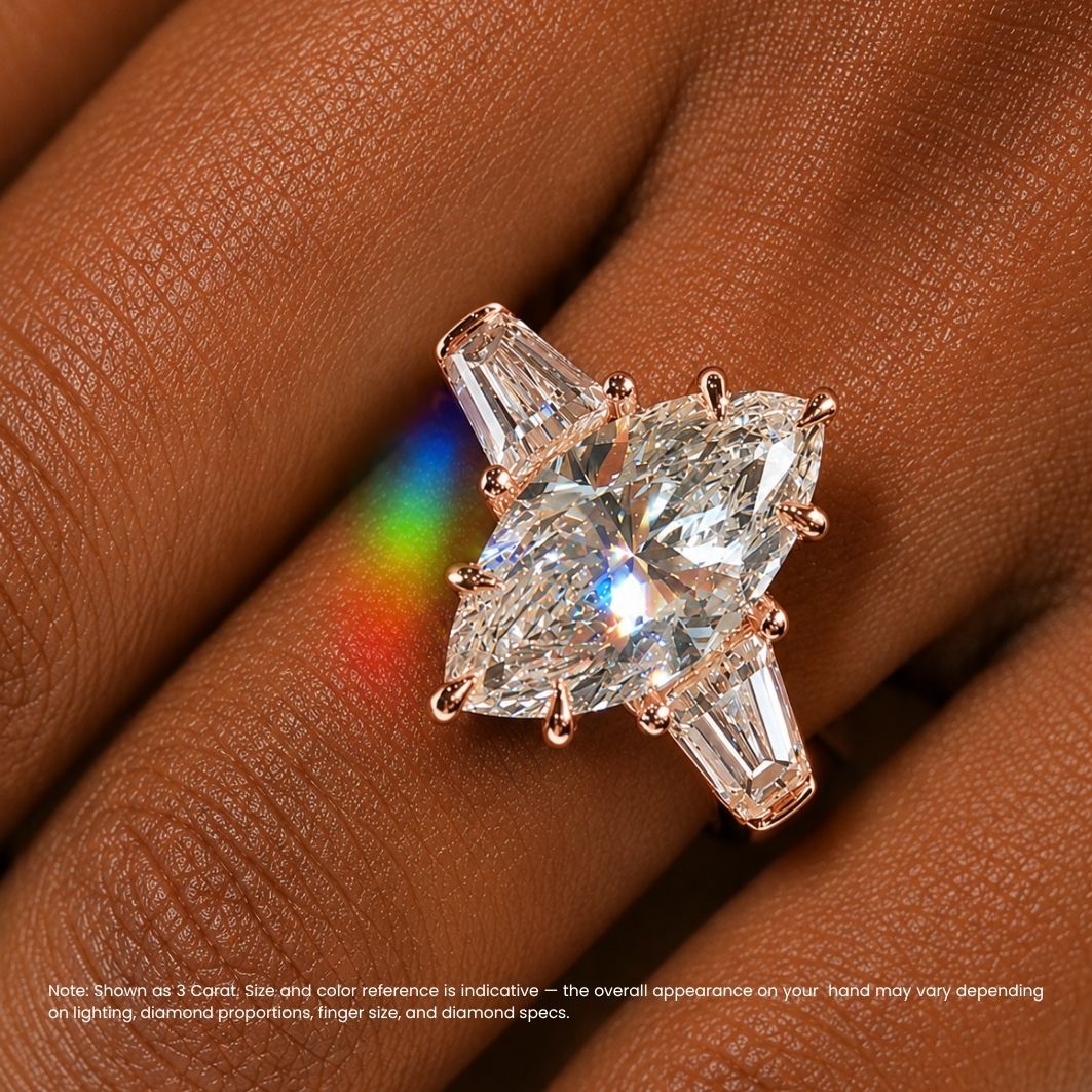 Trilogy (Baguette Side Diamonds) Lab Grown Diamond Engagement Ring in 18K Gold - Marquise