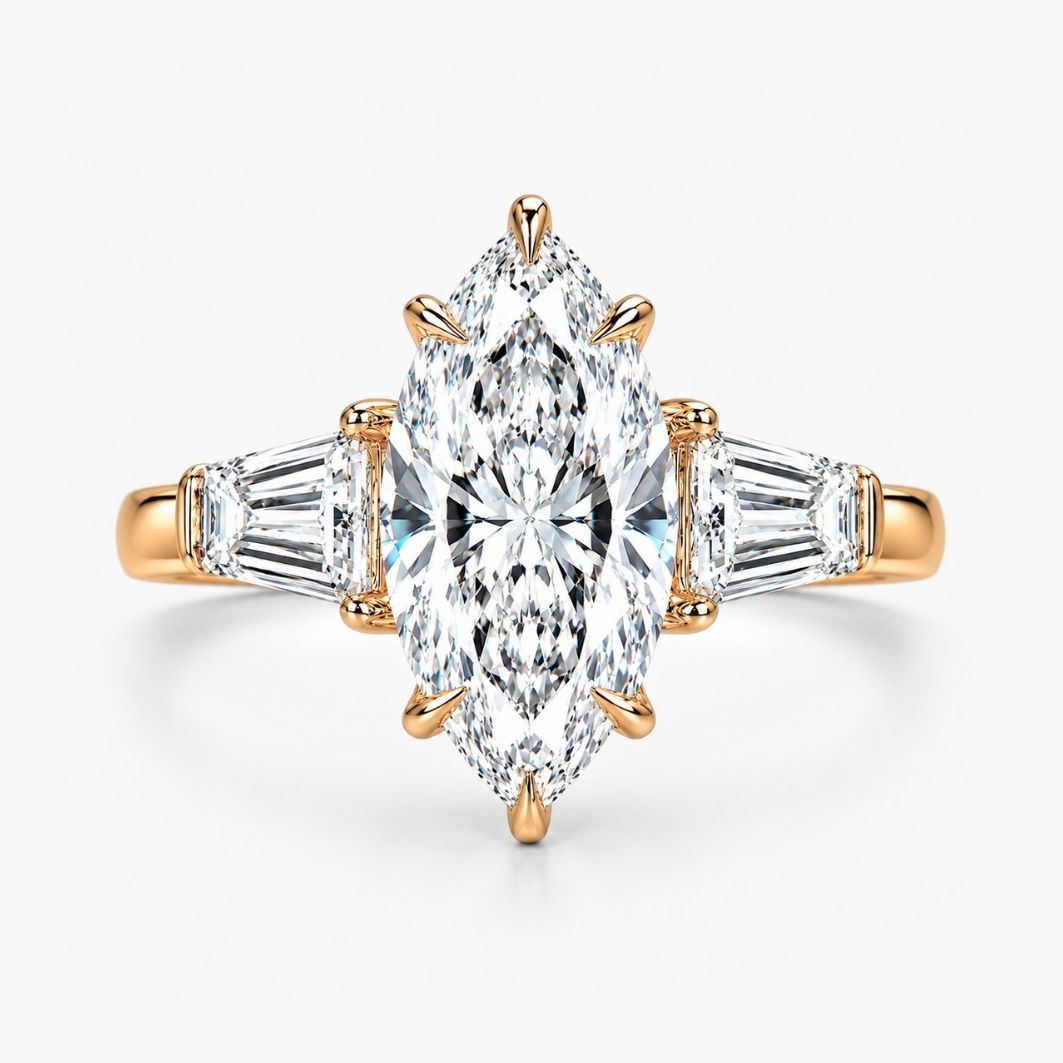 Trilogy (Baguette Side Diamonds) Lab Grown Diamond Engagement Ring in 18K Gold - Marquise