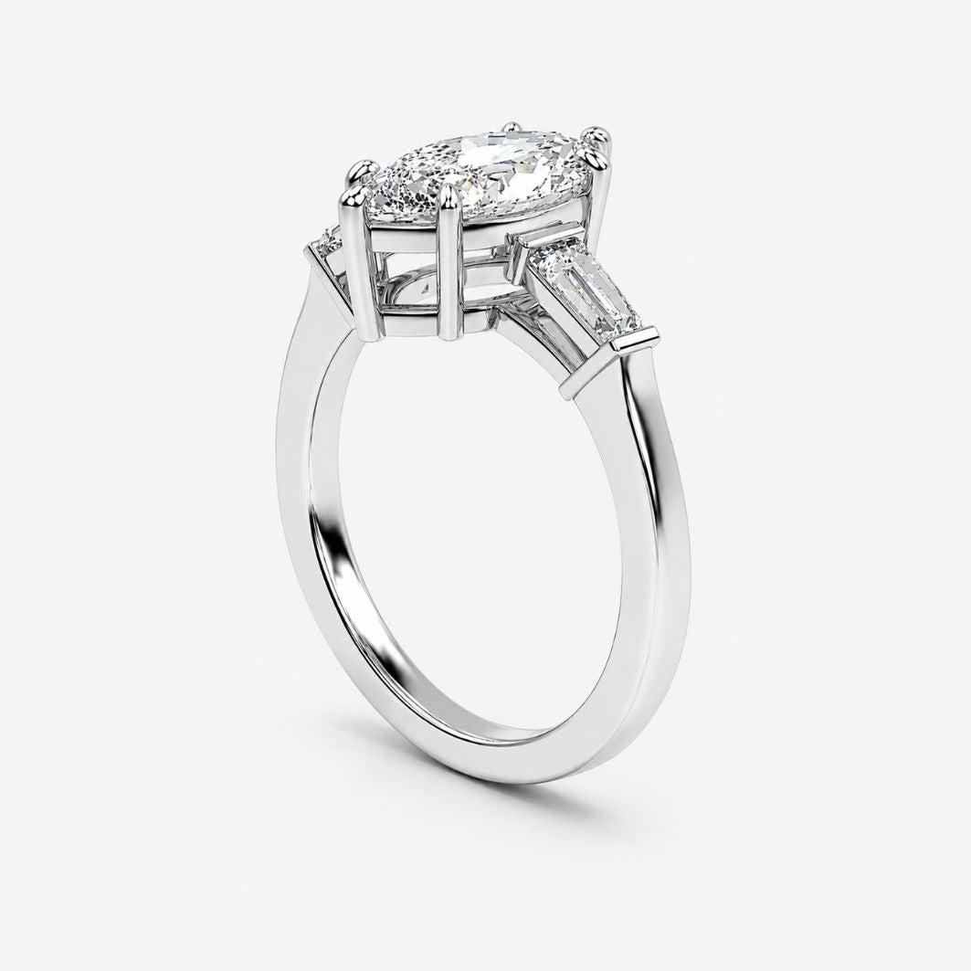 Trilogy (Baguette Side Diamonds) Lab Grown Diamond Engagement Ring in 18K Gold - Marquise