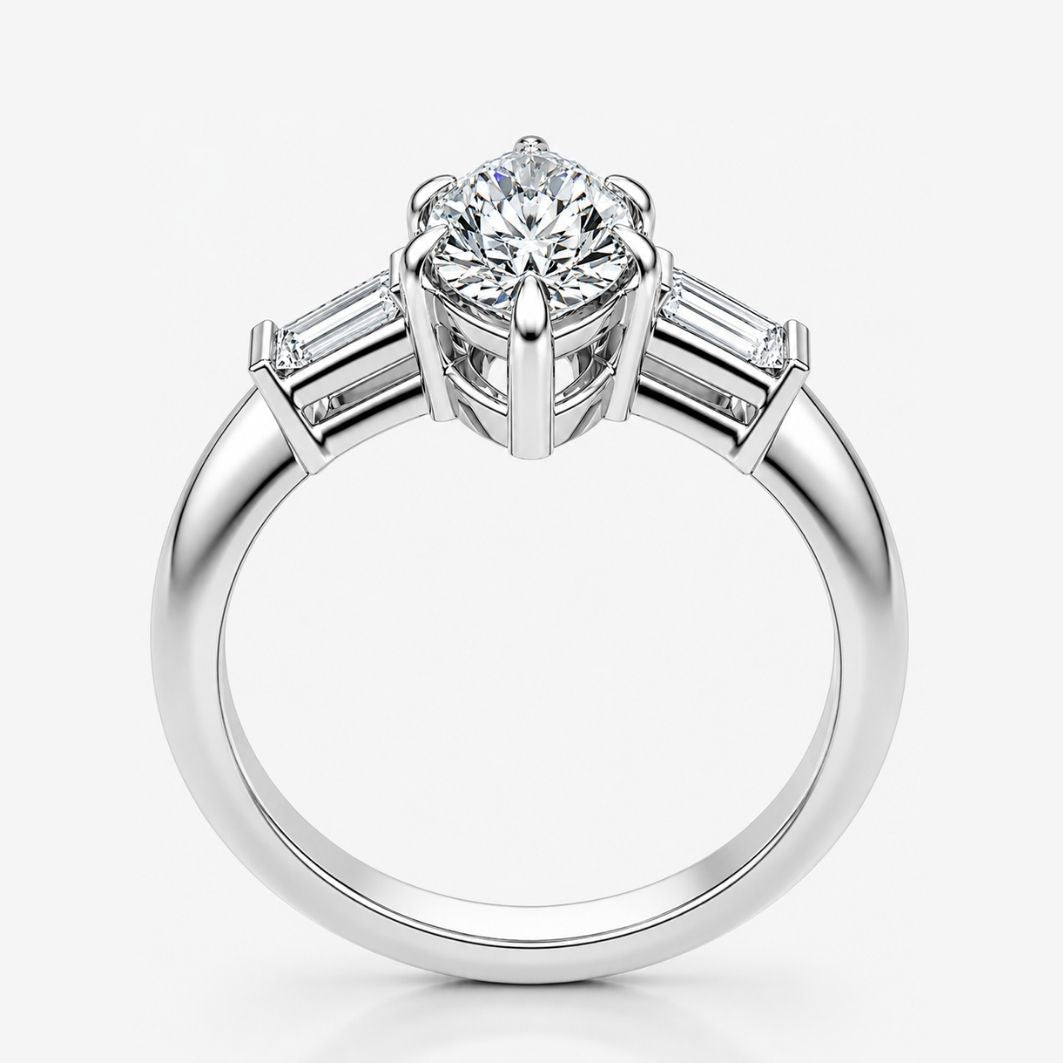 Trilogy (Baguette Side Diamonds) Lab Grown Diamond Engagement Ring in 18K Gold - Marquise