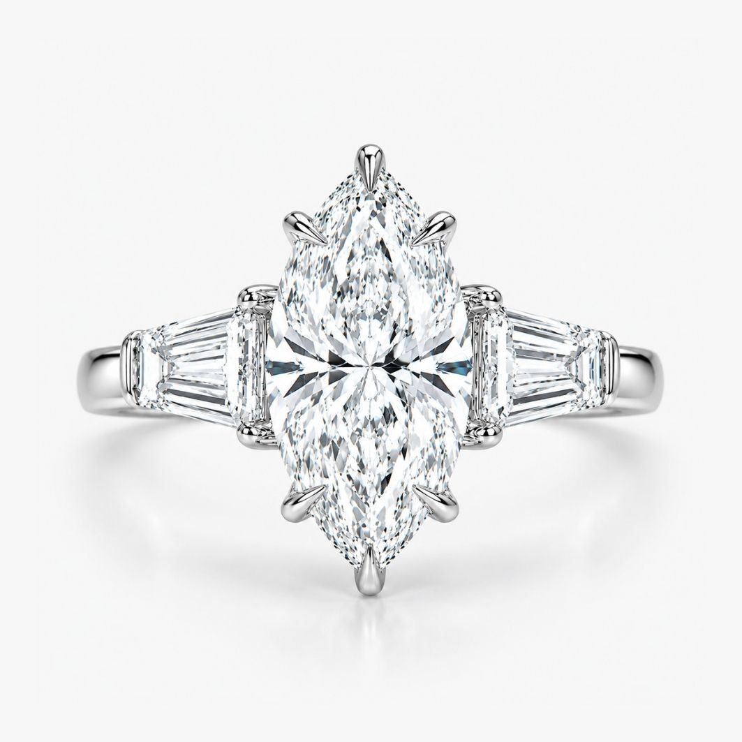 Trilogy (Baguette Side Diamonds) Lab Grown Diamond Engagement Ring in 18K Gold - Marquise