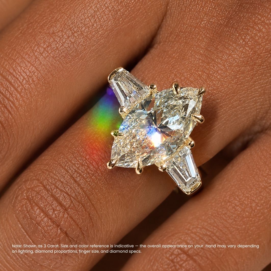 Trilogy (Baguette Side Diamonds) Lab Grown Diamond Engagement Ring in 18K Gold - Marquise