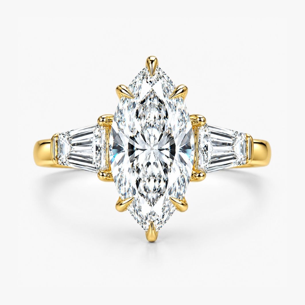 Trilogy (Baguette Side Diamonds) Lab Grown Diamond Engagement Ring in 18K Gold - Marquise