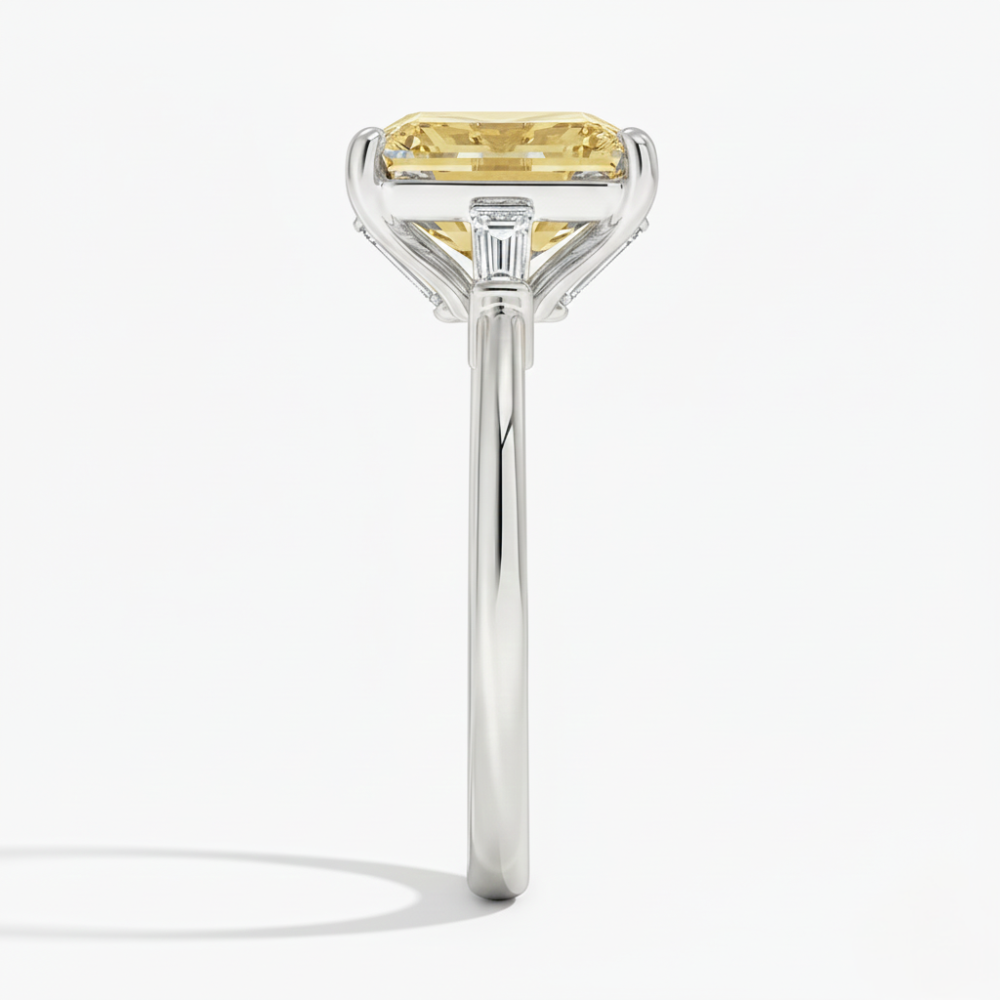 Trilogy Fancy Yellow Emerald (Baguette Side-Stones) Lab Diamond Ring in White Gold 18K