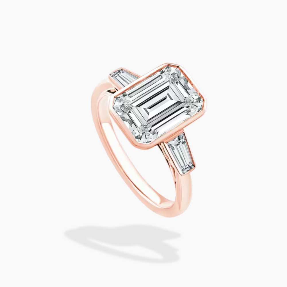 Trilogy (Baguette Side Diamonds) Emerald Lab Diamond Engagement Ring in 18K Gold