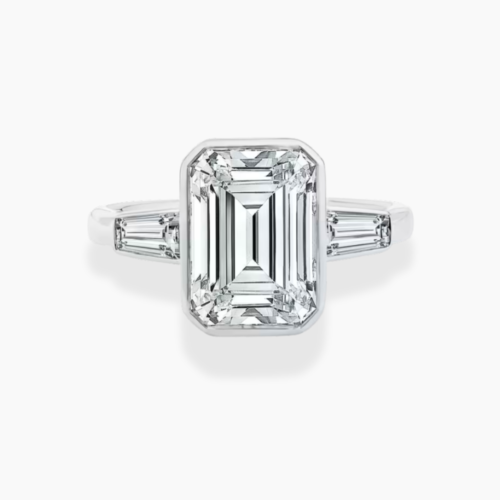 Trilogy (Baguette Side Diamonds) Emerald Lab Diamond Engagement Ring in 18K Gold