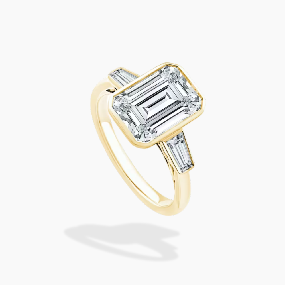 Trilogy (Baguette Side Diamonds) Emerald Lab Diamond Engagement Ring in 18K Gold