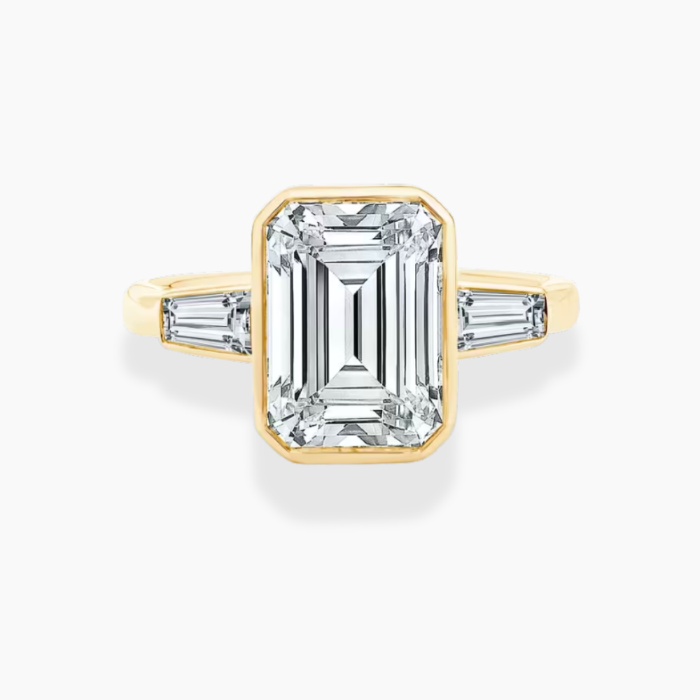 Trilogy (Baguette Side Diamonds) Emerald Lab Diamond Engagement Ring in 18K Gold
