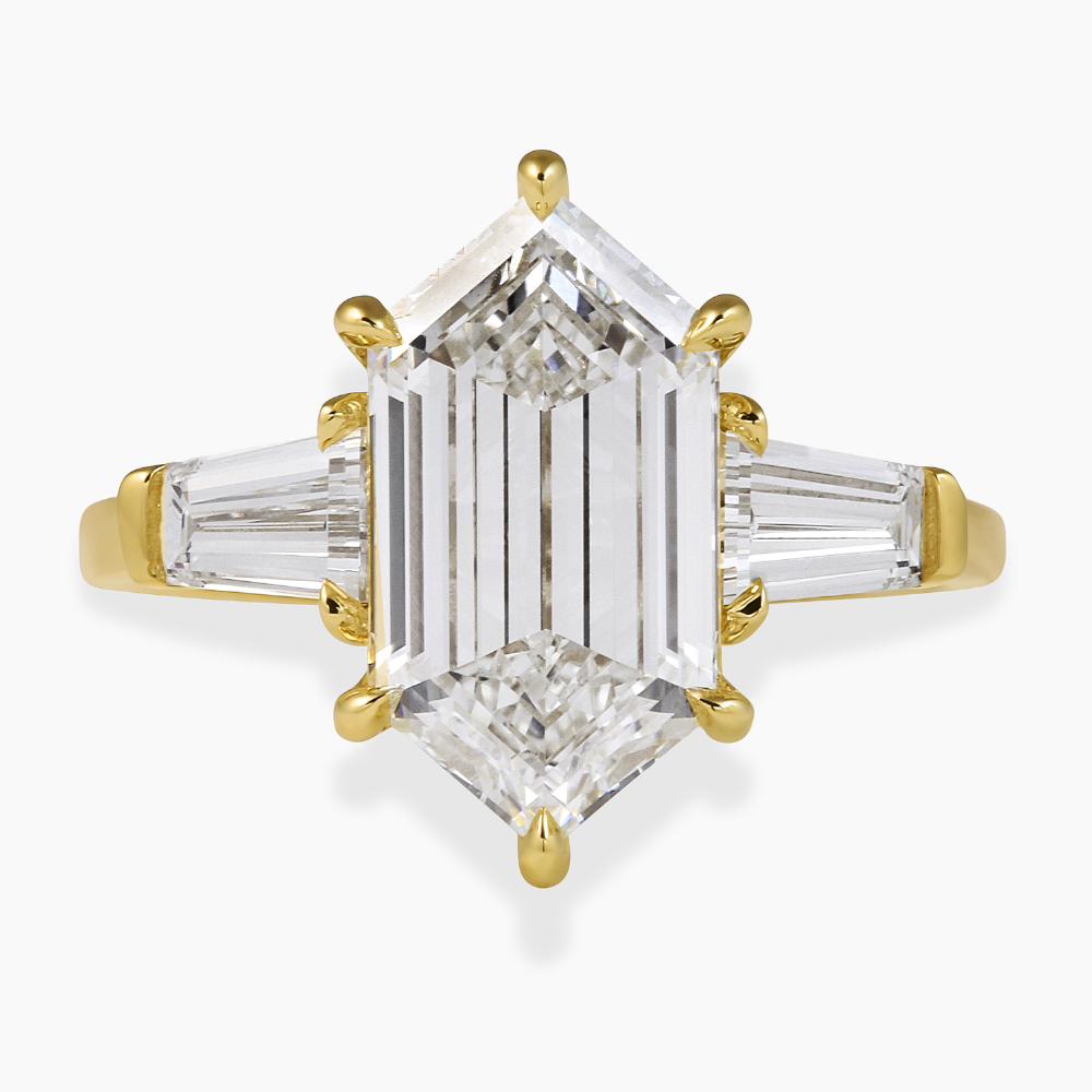 Trilogy (Baguette Side Diamonds) Hexagon Lab Diamond Engagement Ring in 18K Gold