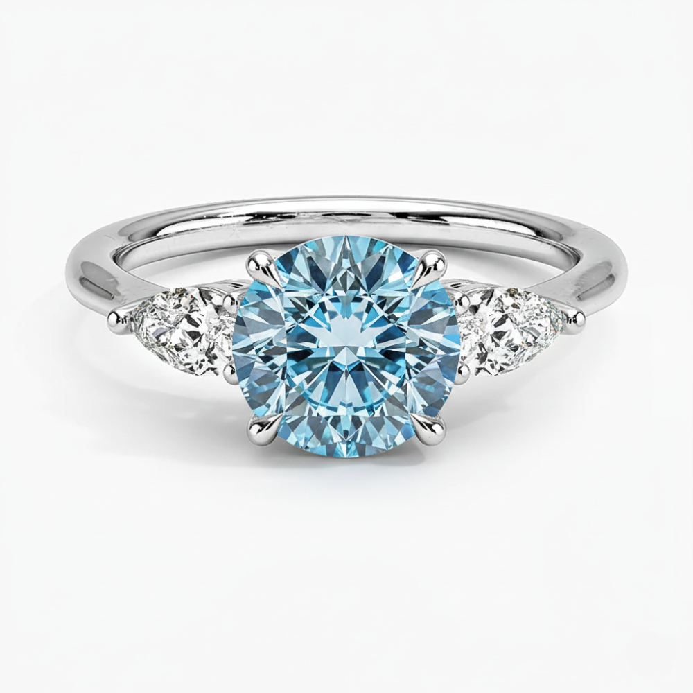 Trilogy Fancy Colored Lab Diamond Ring (Pear Side Diamonds) in White Gold 18K