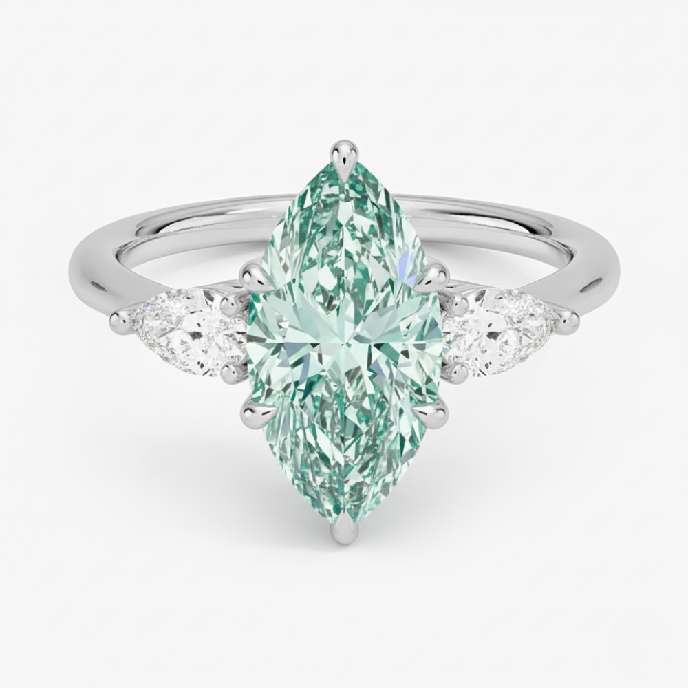 Trilogy Fancy Colored Lab Diamond Ring (Pear Side Diamonds) in White Gold 18K