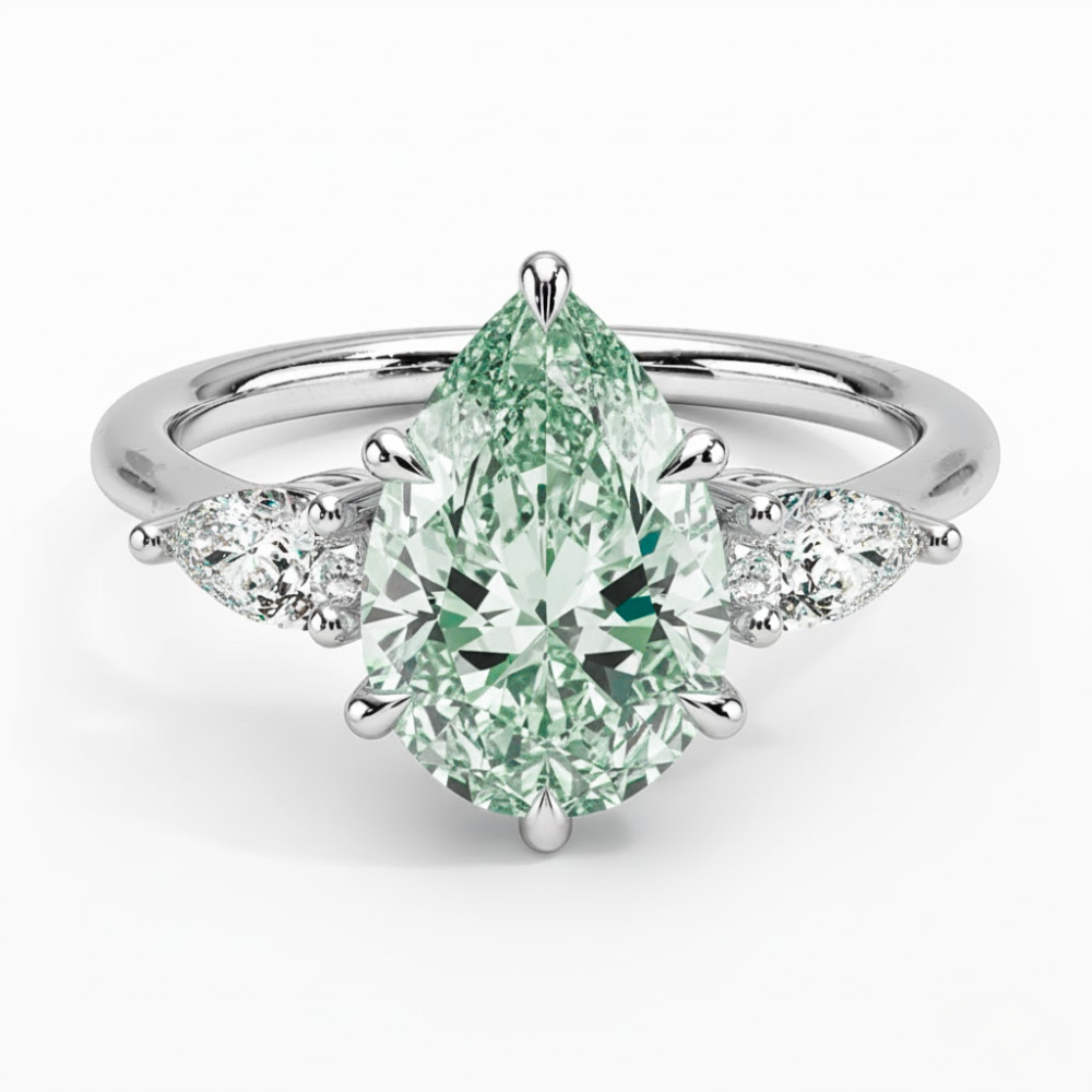 Trilogy Fancy Colored Lab Diamond Ring (Pear Side Diamonds) in White Gold 18K