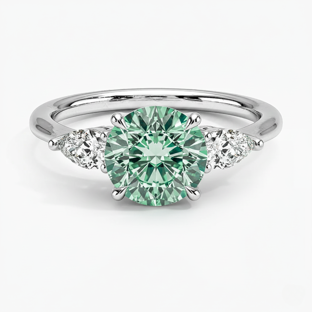 Trilogy Fancy Colored Lab Diamond Ring (Pear Side Diamonds) in White Gold 18K