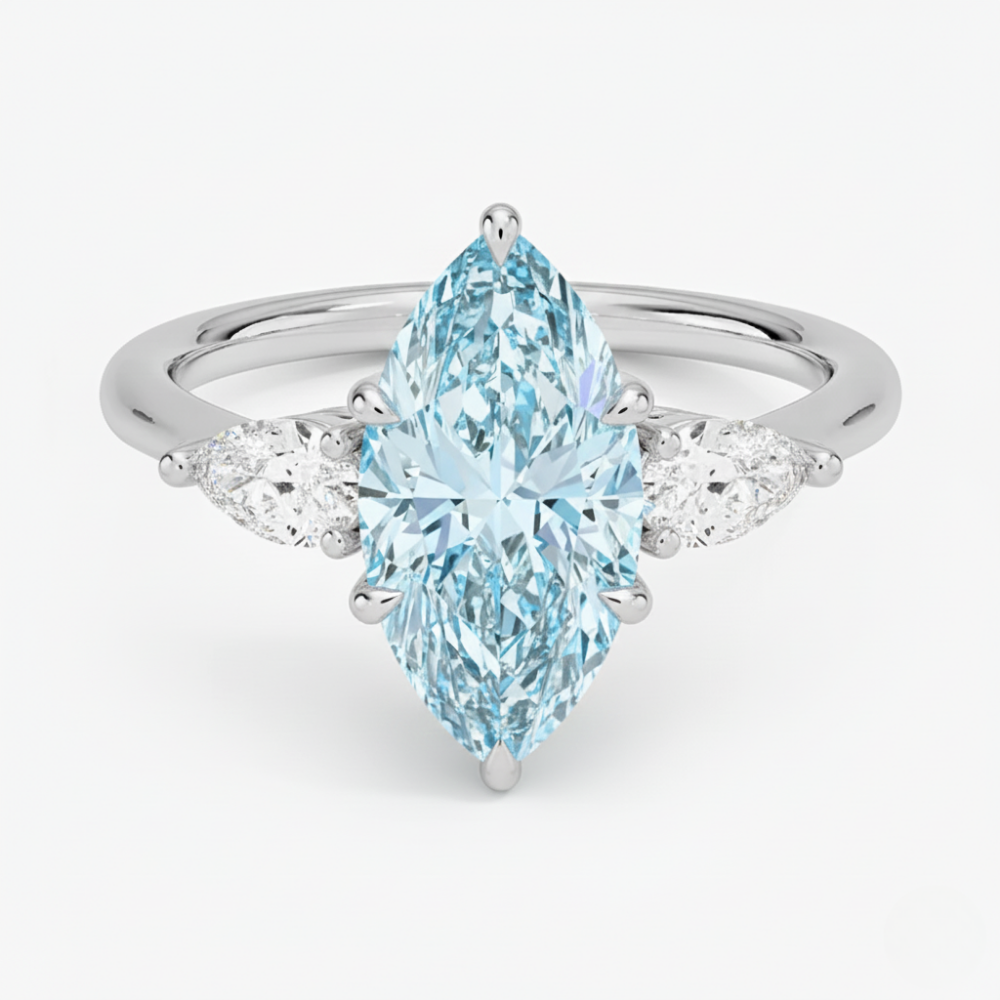 Trilogy Fancy Colored Lab Diamond Ring (Pear Side Diamonds) in White Gold 18K
