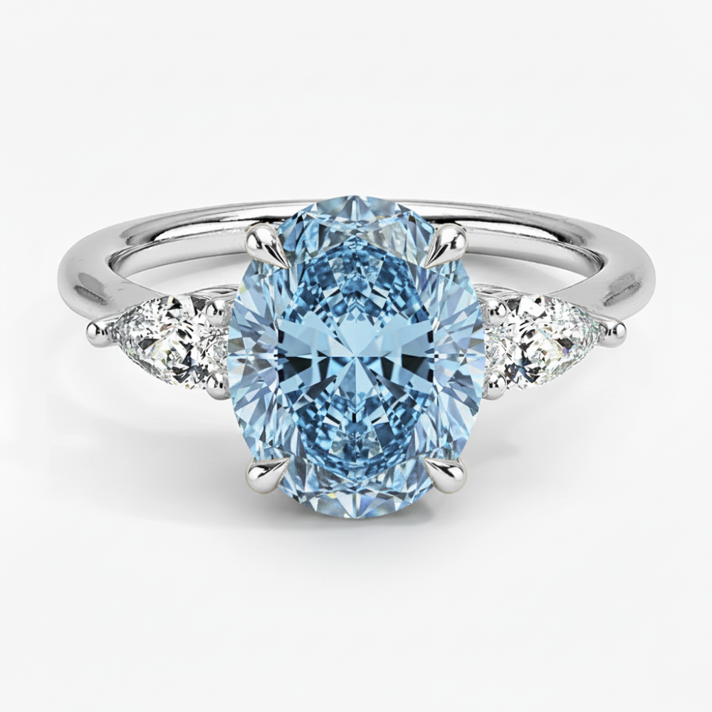 Trilogy Fancy Colored Lab Diamond Ring (Pear Side Diamonds) in White Gold 18K